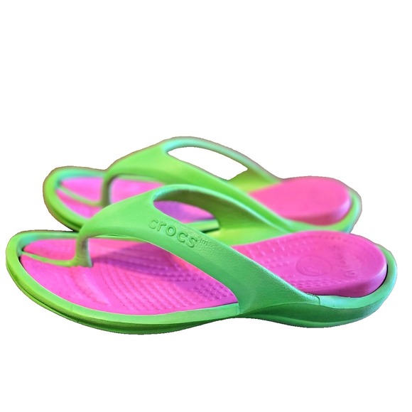 CROCS Shoes - Summer Beach Vacation Green & Pink  Athens Crocs Unisex Flipflop Thong Sandals
